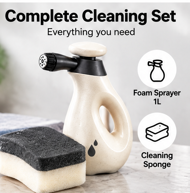 1L Handheld Foam Sprayer with Sponge Set - One-Press Pressurized Foam & Fine Mist Sprayer, Adjustable Nozzle Heavy-Duty Cleaning Bottle for Kitchen, Car Wash, & Home