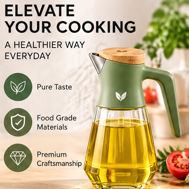 Glass Oil Dispenser Bottle with Handle - No-Drip Precision Pour Spout, Oil & Vinegar Cruet Container with Measurement Markings for Cooking, Salad, & Kitchen Counter