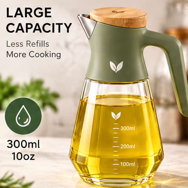 Glass Oil Dispenser Bottle with Handle - No-Drip Precision Pour Spout, Oil & Vinegar Cruet Container with Measurement Markings for Cooking, Salad, & Kitchen Counter