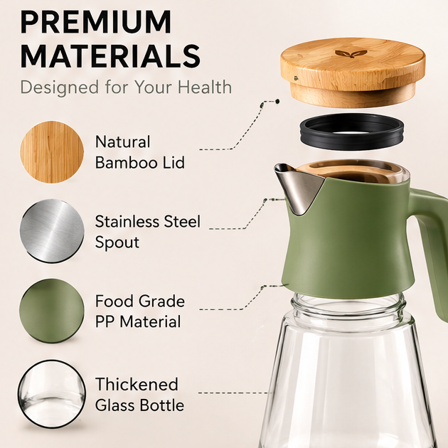 Glass Oil Dispenser Bottle with Handle - No-Drip Precision Pour Spout, Oil & Vinegar Cruet Container with Measurement Markings for Cooking, Salad, & Kitchen Counter