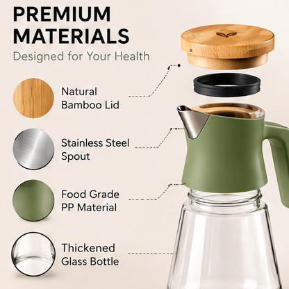 Glass Oil Dispenser Bottle with Handle - No-Drip Precision Pour Spout, Oil & Vinegar Cruet Container with Measurement Markings for Cooking, Salad, & Kitchen Counter